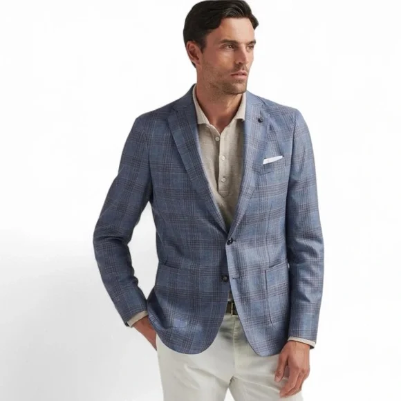 Peter Millar Ames Plaid Soft Jacket Sport Coat Blazer Blue Pearl 42R NWT - Picture 2 of 14